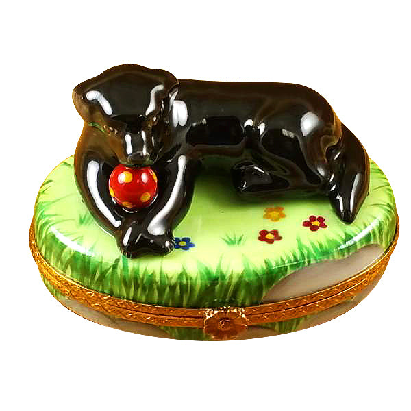 Black Lab with Ball Limoges Porcelain Box