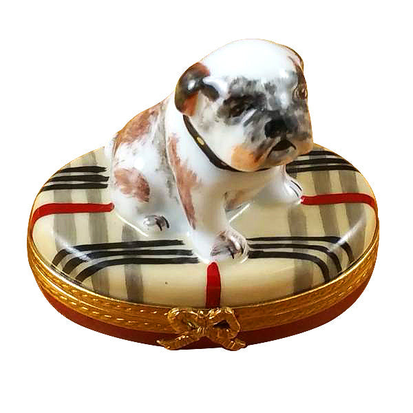 Bulldog on Plaid Rug Limoges Porcelain Box