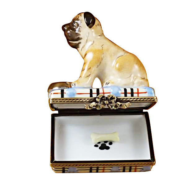 Pug with Spilt Water & Removable Bone Limoges Porcelain Box