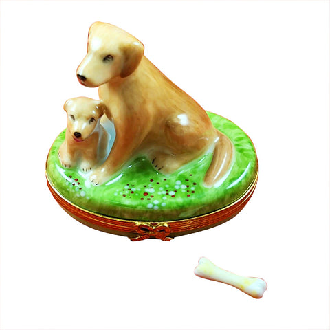 Sitting Yellow Lab & Puppy And Removable Bone Limoges Box Limoges Porcelain Box