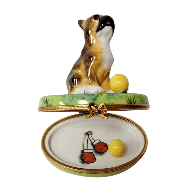Boxer on Grass with Removable Ball Limoges Porcelain Box