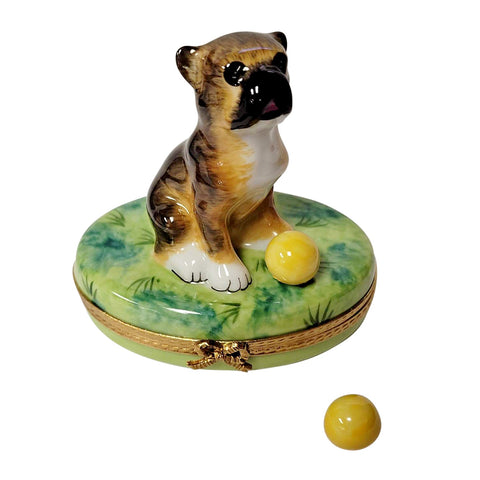 Boxer on Grass with Removable Ball Limoges Box Limoges Porcelain Box