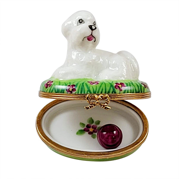 Bichon Lying Down with Removable Ball Limoges Porcelain Box