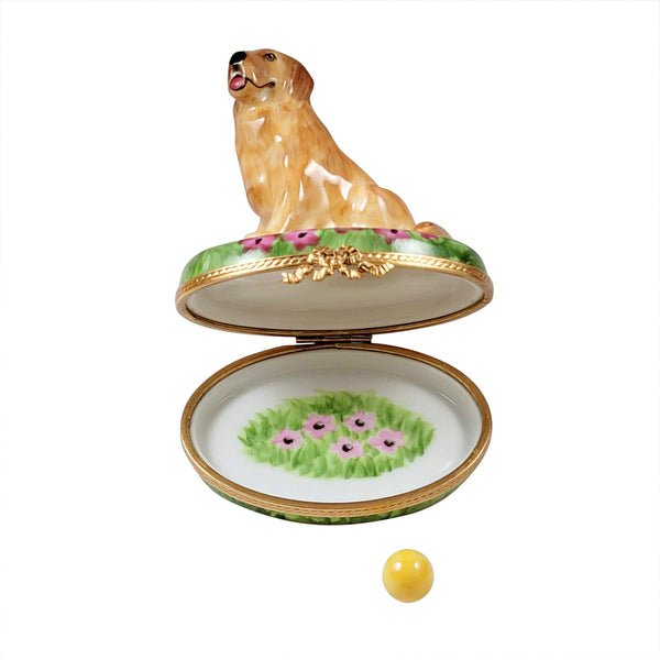 Golden Retriever on Flowers with Removable Ball Limoges Porcelain Box