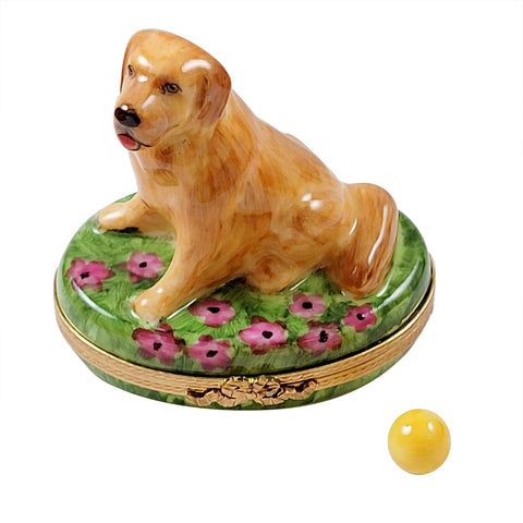 Golden Retriever on Flowers with Removable Ball Limoges Box Limoges Porcelain Box