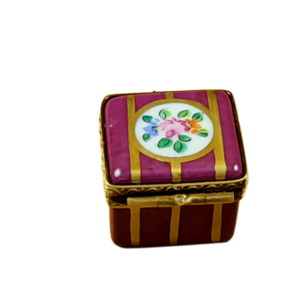 Small Burgundy Square with Gold Stripes and Flowers Limoges Porcelain Box