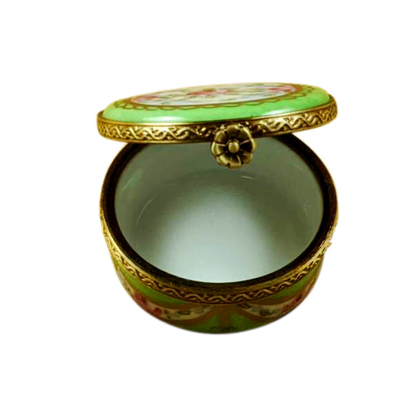 Small Green Round with Flowers Limoges Porcelain Box