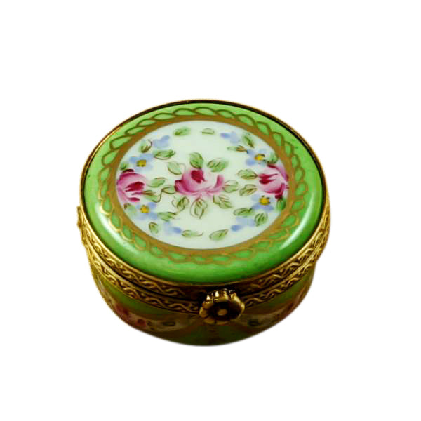 Small Green Round with Flowers Limoges Porcelain Box