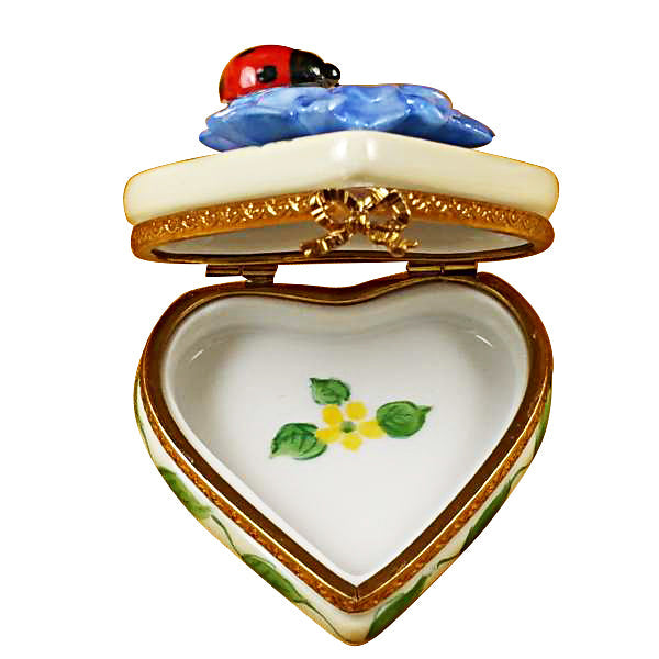 Heart Blue Flowers with Ladybug Limoges Porcelain Box
