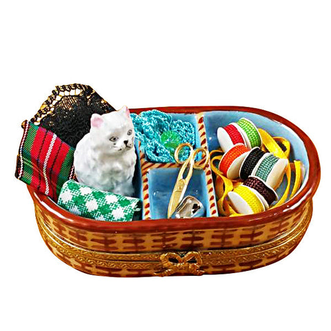 Sewing Basket with Cat Limoges Box Limoges Porcelain Box
