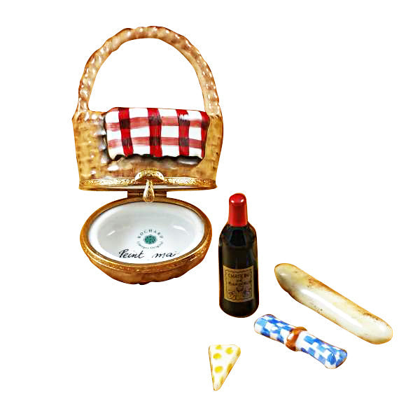 Picnic Basket with Wine, Bread, Cheese & Napkin Limoges Porcelain Box