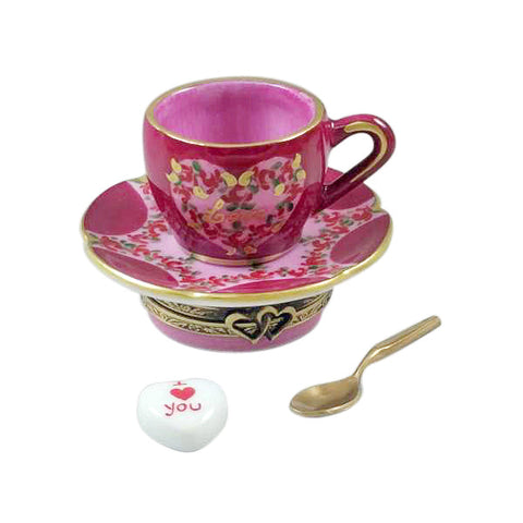 Valentine's LOVE Tea Cup with Spoon and Heart Sugar Cube Limoges Box Limoges Porcelain Box