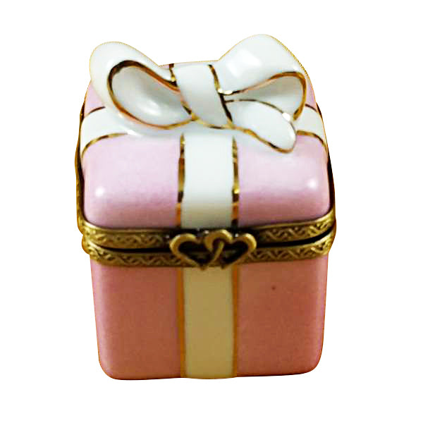 Pink Gift Wrapped Box with Gold Ribbon Limoges Porcelain Box