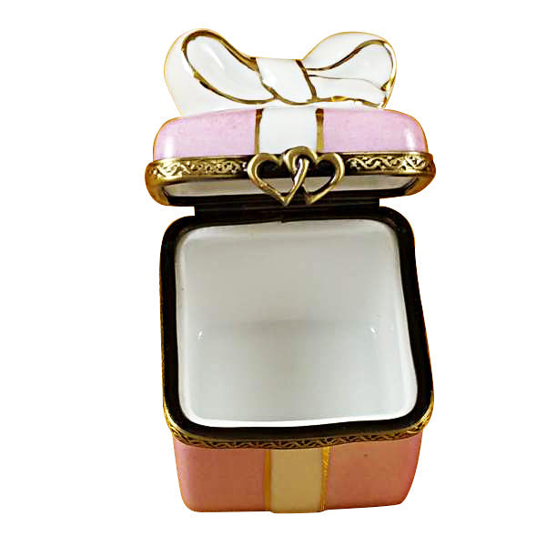 Pink Gift Wrapped Box with Gold Ribbon Limoges Porcelain Box