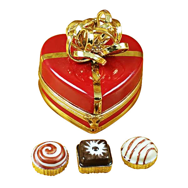 Red Heart Gold Bow with Truffle Limoges Porcelain Box