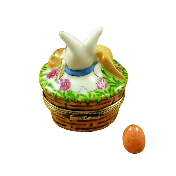 3 Rabbits in a Basket with Removable Egg Limoges Porcelain Box