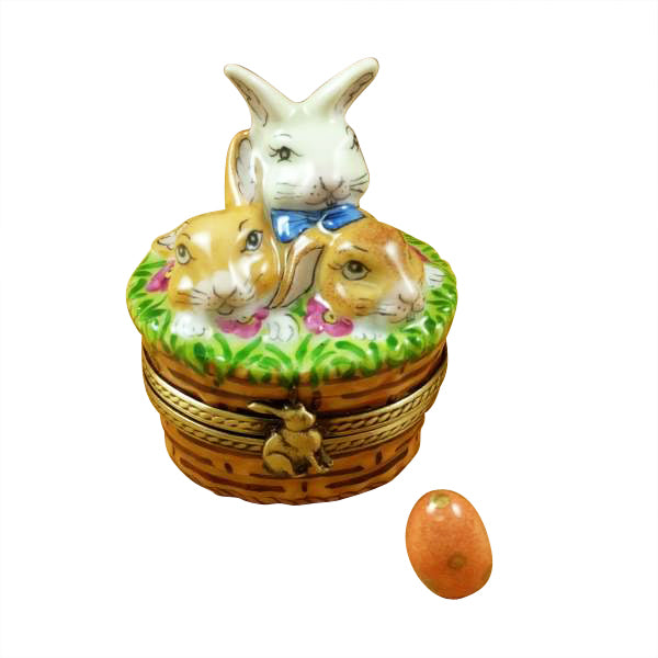 3 Rabbits in a Basket with Removable Egg Limoges Porcelain Box