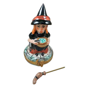 Witch with Broom and Cauldron Limoges Porcelain Box