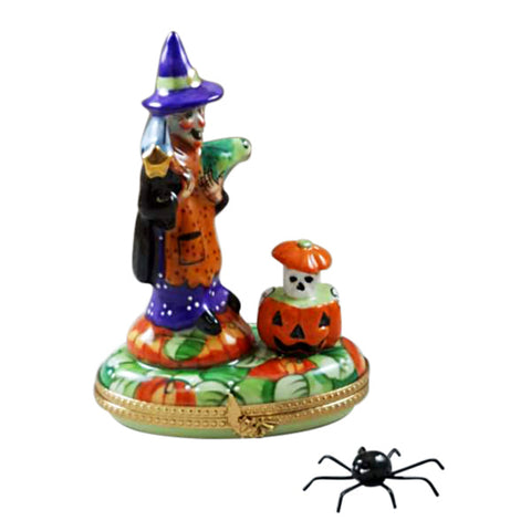 Witch with Pumpkin and Removable Spider Limoges Porcelain Box