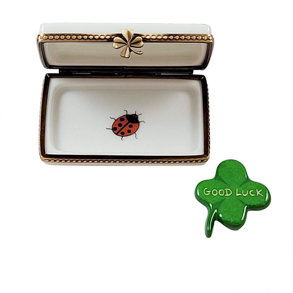 Irish Good Luck with Removable Four Leaf Clover Limoges Porcelain Box