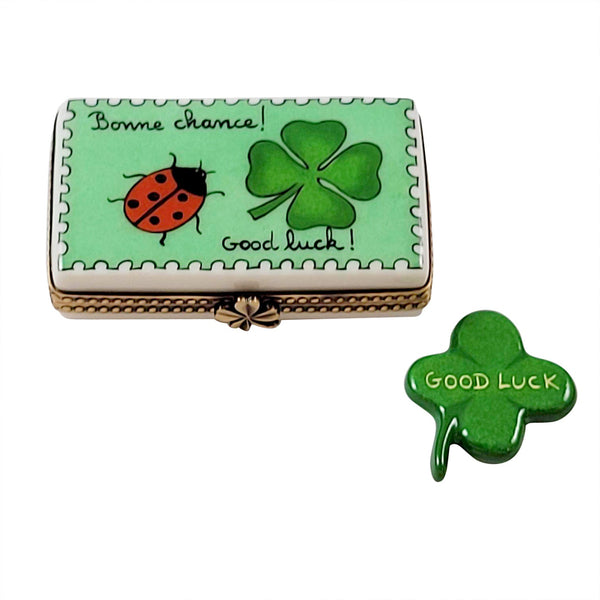 Irish Good Luck with Removable Four Leaf Clover Limoges Porcelain Box