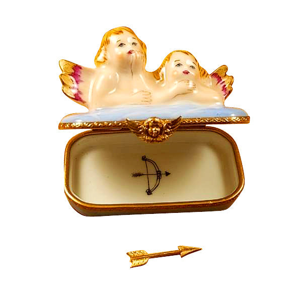 Two Angels on Blue Base with Removable Arrow Limoges Porcelain Box