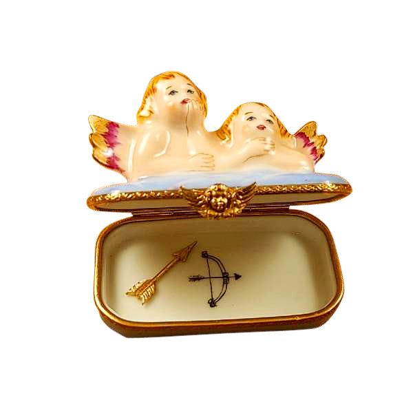Two Angels on Blue Base with Removable Arrow Limoges Porcelain Box