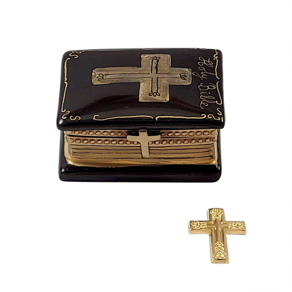 Black Bible with Removable Brass Cross Limoges Porcelain Box