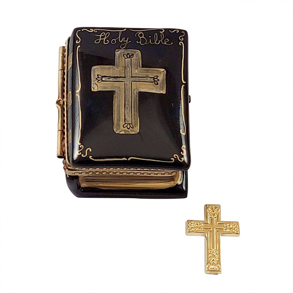 Black Bible with Removable Brass Cross Limoges Porcelain Box