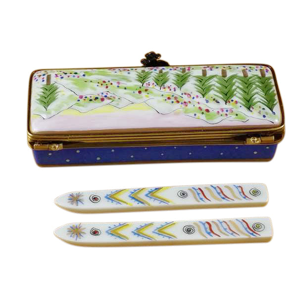 Ski Box with Skis Limoges Porcelain Box