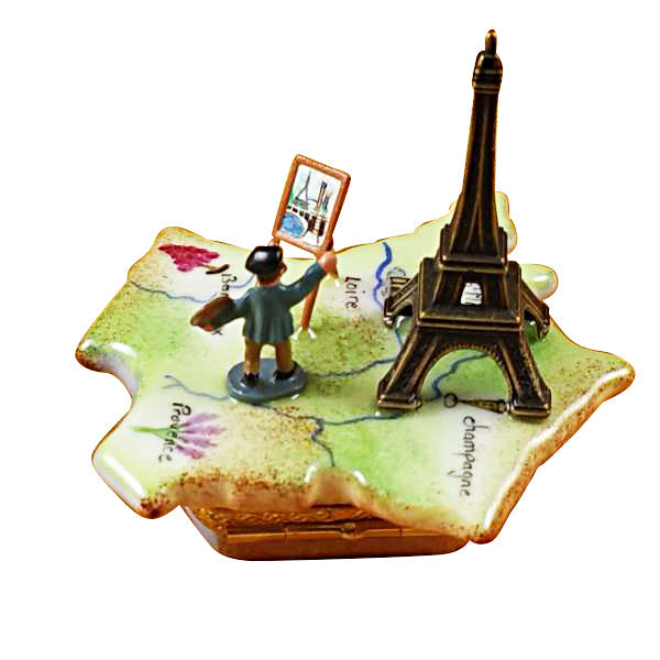 Map of France with Monet & Eiffel Tower Limoges Porcelain Box