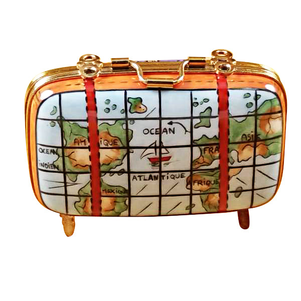 Suitcase with Maps Limoges Porcelain Box