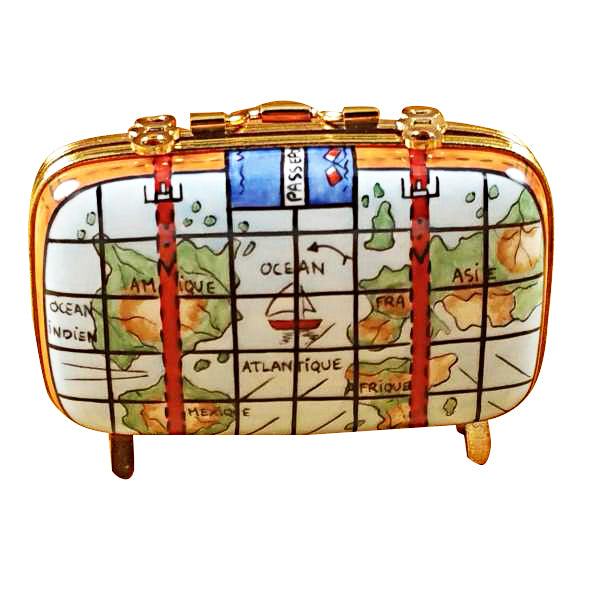 Suitcase with Maps Limoges Porcelain Box