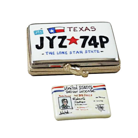 Texas License Plate with Removable Driver's License Limoges Porcelain Box