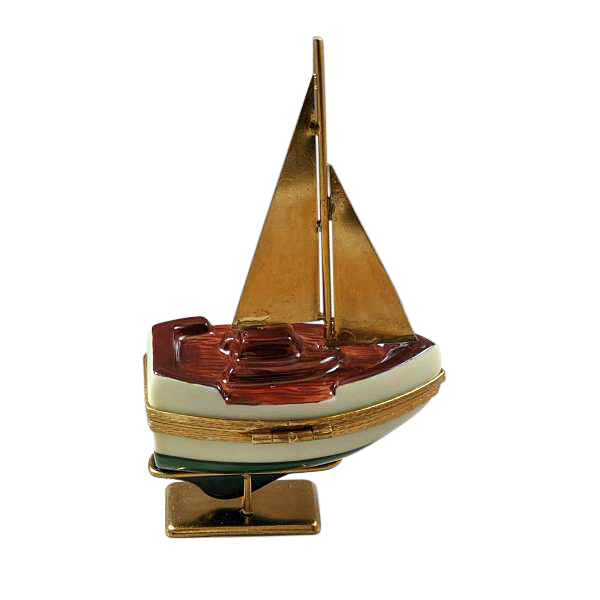 Sailboat with Brass Sails and Stand with Removable Anchor Limoges Porcelain Box