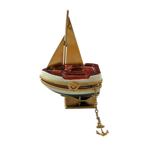 Sailboat with Brass Sails and Stand with Removable Anchor Limoges Porcelain Box