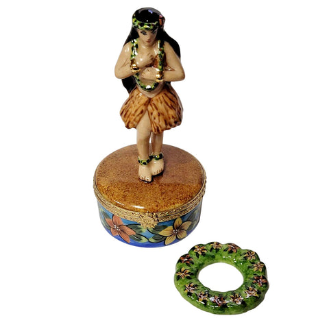 Hawaiian Hula Dancer with Removable Lei Limoges Porcelain Box