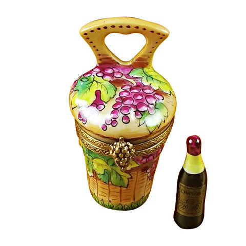 Grape Harvest Basket with Wine Bottle Limoges Porcelain Box