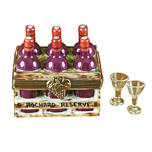 Wine Bottles in Crate with Two Glasses Limoges Porcelain Box