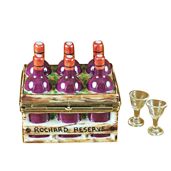 Wine Bottles in Crate with Two Glasses Limoges Porcelain Box