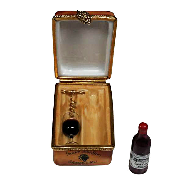 Bourdeaux Tasting Crate with 1 Bottle, Glass and Cork Screw Limoges Porcelain Box