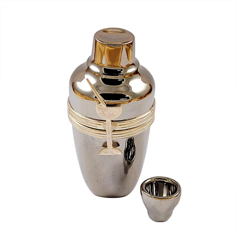 Silver Cocktail Shaker with Removable Shot Glass Limoges Porcelain Box