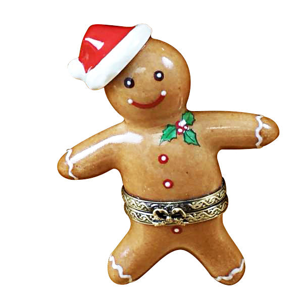 Santa Gingerbread Man with 3D Hat and Removable Peppermint Candy Limoges Porcelain Box