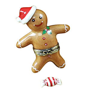Santa Gingerbread Man with 3D Hat and Removable Peppermint Candy Limoges Porcelain Box