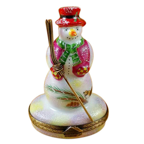 Snowman with Red Hat and Broom Limoges Box Limoges Porcelain Box
