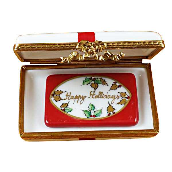 Gift Box with Red Bow Happy Holidays Limoges Porcelain Box