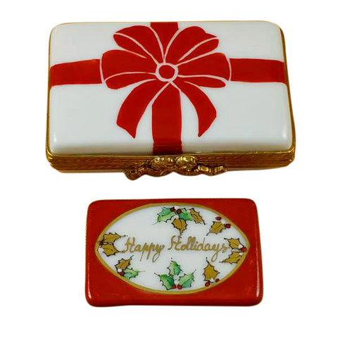 Gift Box with Red Bow Happy Holidays Limoges Porcelain Box