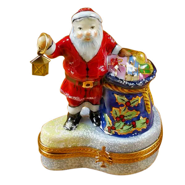 Santa with Lantern & Gifts Limoges Porcelain Box
