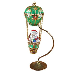 Santa in Hot Air Balloon with Brass Stand Limoges Porcelain Box