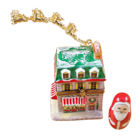 House with Santa and Brass Reindeer Limoges Porcelain Box